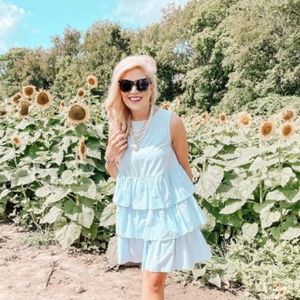 Who What Wear Blue Gingham Tiered Ruffle Dress